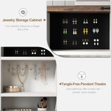 Farmhouse Makeup Vanity Desk with Sliding Mirror and Lights, Glass Desktop Makeup Vanity Desk with Charging Station, 3-Tier Hidden Slide-Out Vanity Shelves, Jewelry Storage Cabinet, 2 Drawers-White Jocoevol