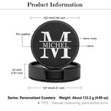 Bosajewel Personalized Coaster Set 6 Monogrammed Coasters for Drinks with Holder Custom Name Coffee Table Bar Beer Wine Cup Coasters Black Leather Coasters for Men Women Home Modern Coasters Gift Bosajewel