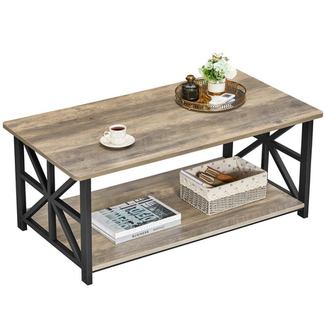 GreenForest Coffee Table for Living Room with Round Corners Farmhouse Style Center Table with Storage Shelf 39 Inch Space Saving Easy Assembly Gray Wash GreenForest