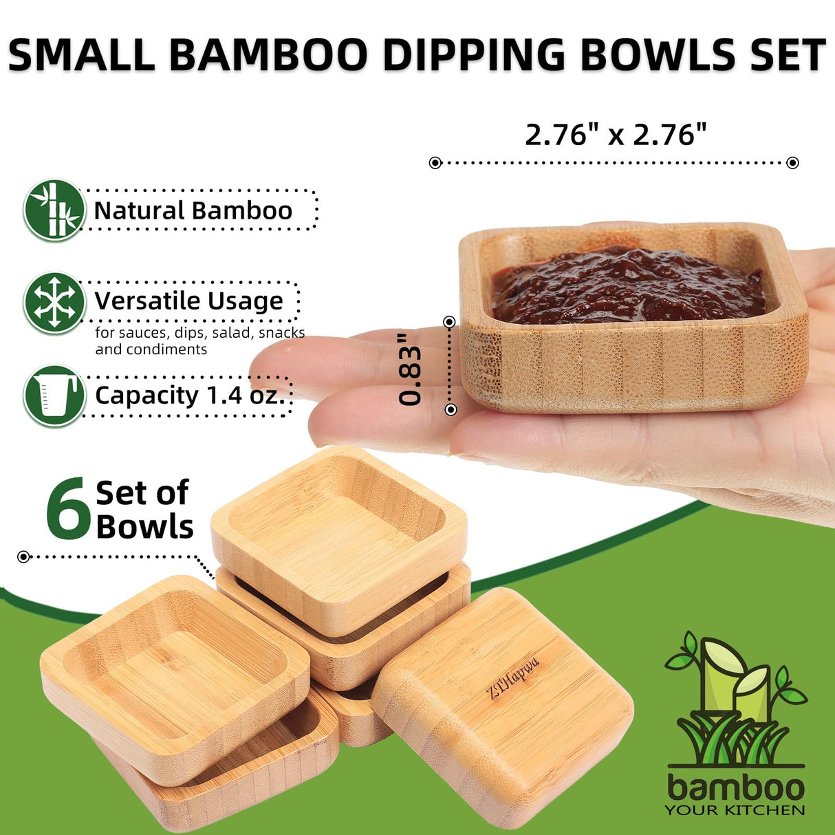 ZTHapwa Snack Bowl Set, Small Bamboo Sauce Dish Dipping Bowls for Appetizers, Dips, Sauce, Nuts, Candy, Olives, Seeds, Desserts and More, Square 1.4 oz ZTHapwa