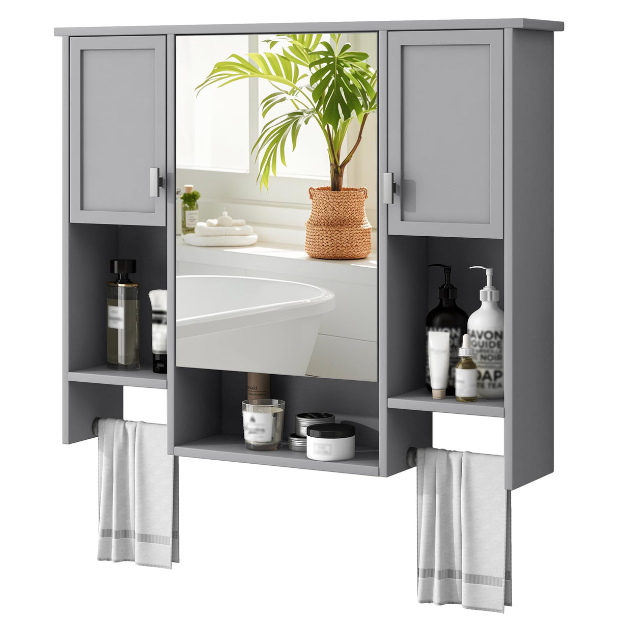 Virubi Bathroom Medicine Cabinet, Wall Mounted Bathroom Storage Cabinet with Mirror, Open Shelf, Side Cabinet and Towel Bar, Over The Toilet Mirrored Cabinet, 35" W x 28.7" H Virubi
