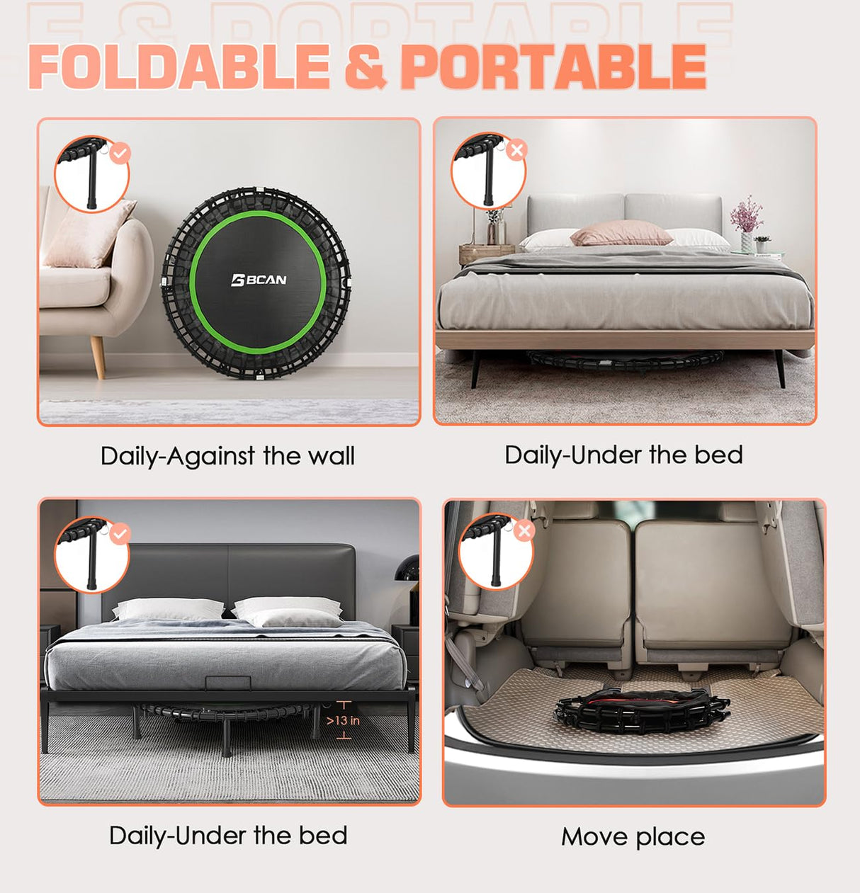 BCAN 48" Adult Fitness Trampoline with Durable Bungees, Stable & Quiet Exercise Rebounder,Great Mini Trampoline for Indoor/Garden Workout - Green BCAN