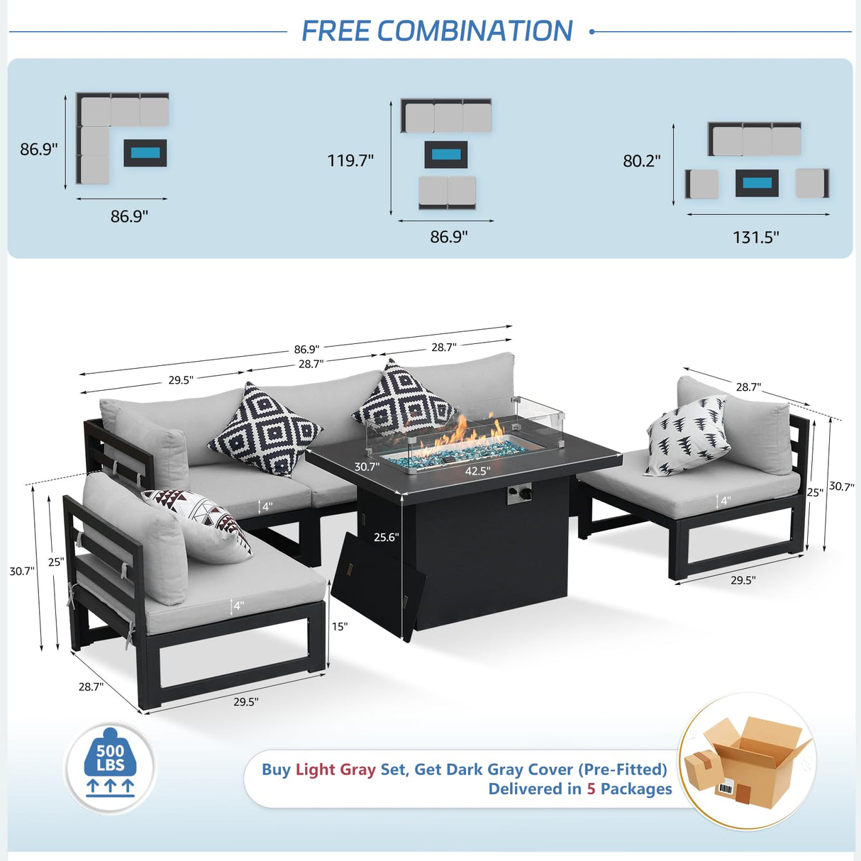 NICESOUL® 6 Piece Extra Large Grey Aluminum Frame Outdoor Patio Furniture Set with Fire Pit Table, 29'' Deep Wide Seating Sofa Conversation, L Shape Modular Sectional Couches for Backyard, Light Grey NICESOUL