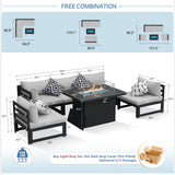 NICESOUL® 6 Piece Extra Large Grey Aluminum Frame Outdoor Patio Furniture Set with Fire Pit Table, 29'' Deep Wide Seating Sofa Conversation, L Shape Modular Sectional Couches for Backyard, Light Grey NICESOUL