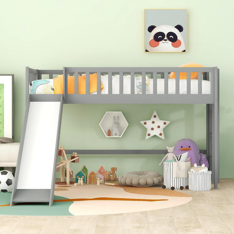 Bellemave Twin Size Loft Bed for Kids,Low Loft Bed with Slide and Ladder,Wood Loft Bed Twin for Girls Boys,Grey Bellemave