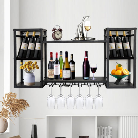 amhricho 47.2IN Wall Mount Wine Rack, 2-Tier Metal Wine Rack Wall Mount with 5 Glasses Holder, for Home Bar, Dining Room, Kitchen, Living Room (Black, 47.2 * 9.84 * 23.6inches) amhricho