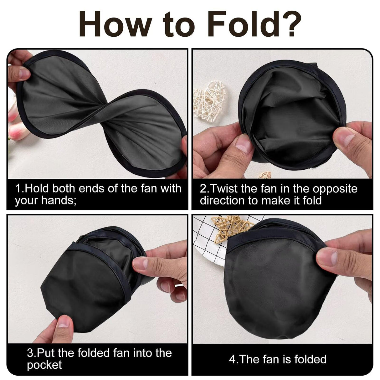 YEAHACLUB 50PCS Foldable Flying Disc Fans with Bags, 9.8'' DIY Handheld Black Egde Fabric Folding Fan for Outdoor Game Activities Birthday Party Favors End of Year Student Gifts, White YEAHACLUB