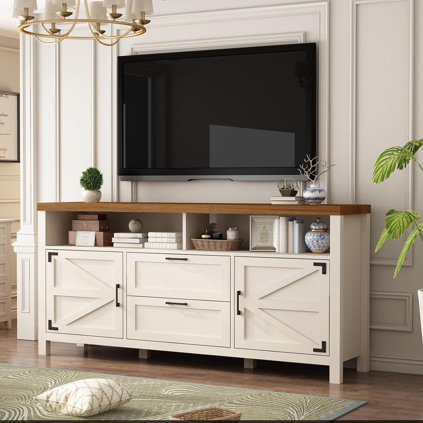 GIMMYFIVE TV Stand for 55 Inch TV - Farmhouse Barn Door Style, Modern Entertainment Center, Tall TV Console, Ideal Media Storage, Versatile for Living Room, Kitchen, Dining Room, White. - WoodArtSupply