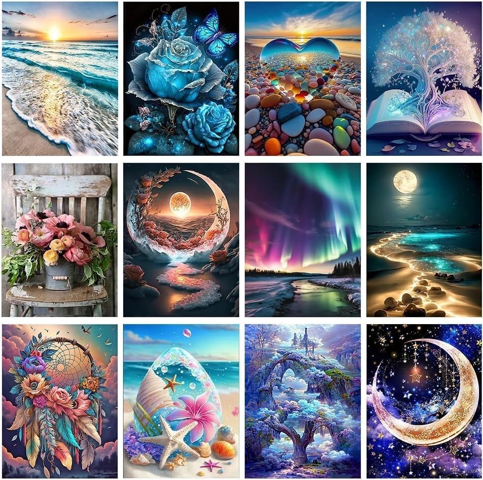 Mystara 12 Pack Diamond Painting Kits for Adults,Landscape Moon Diamond Beach Painting Set for Gift Home Wall Decor - 5D DIY Craft Kit with Diamonds(Modern-3) Mystara