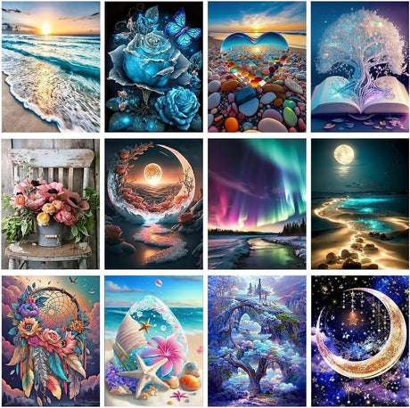 Mystara 12 Pack Diamond Painting Kits for Adults,Landscape Moon Diamond Beach Painting Set for Gift Home Wall Decor - 5D DIY Craft Kit with Diamonds(Modern-3) Mystara