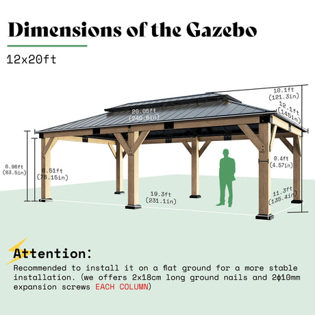 AMERLIFE 12x20 ft Hardtop Gazebo, Spruce Wood Gazebo with Iron Double Roof, Outdoor Pergola with Wood Frame for Garden, Porch, Patio, Charcoal Gray + Brown Gray AMERLIFE