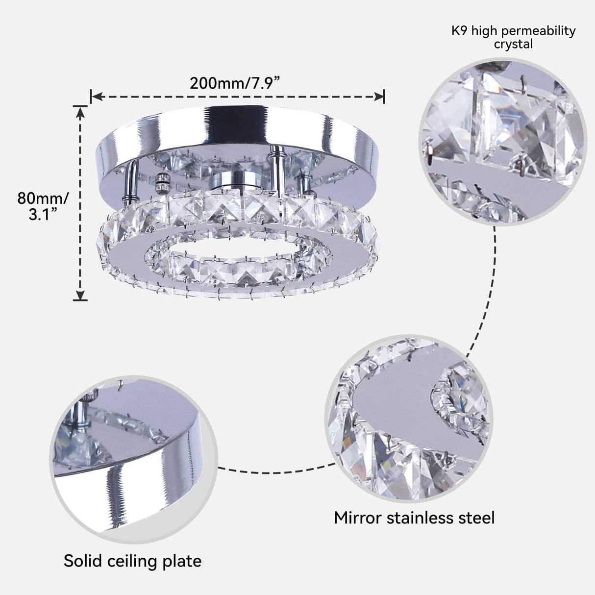 diisunbihuo Modern Mini Led Chandelier Semi Flush Mount Crystal Lighting Ceiling Crystal Lamp for Bedrooms Dinning Rooms Hallway(Round White) diisunbihuo