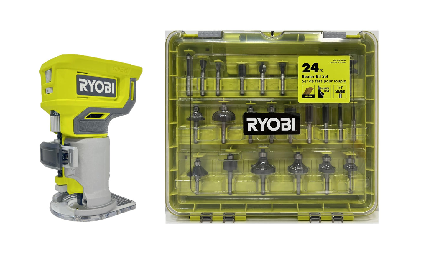 RYOBI ONE+ 18V Cordless Compact Fixed Base Router with 24-Piece Router Bit Set - WoodArtSupply