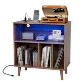 VINGLI Record Player Stand with Open Vinyl Storage, Mid-Century Album Storage Table with LED Light up to 300 Albums, Vinyl Record Player Shelf with Power Outlet for Living Room, Walnut VINGLI