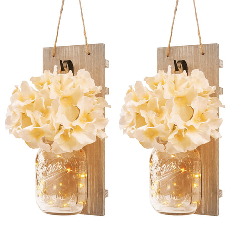 alitade Wall Sconce Decor 2pcs, Mason Jar Wall Sconce Farmhouse Home Decor with 6.5FT LED Fairy Lights Flowers, Modern Art Living Room Bedroom Bathroom Decorative Hanging Yellow alitade