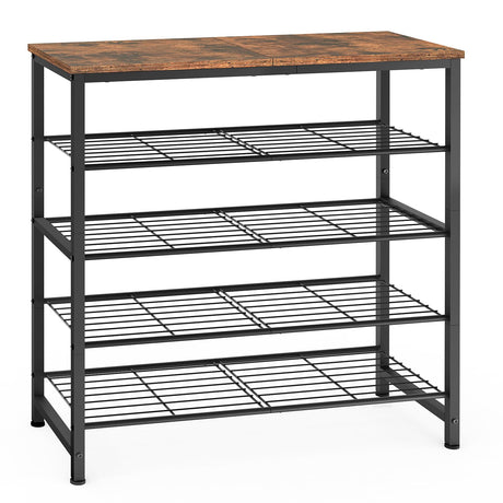 usikey 5-Tier Shoe Rack, Industrial Shoe Storage Organizer for 12-16 Pairs of Shoes, Metal Shoe Shelf with Wooden Top, Shoe Stand with 3 Metal Shelves for Entryway, Hallway, Closet, Rustic Brown usikey
