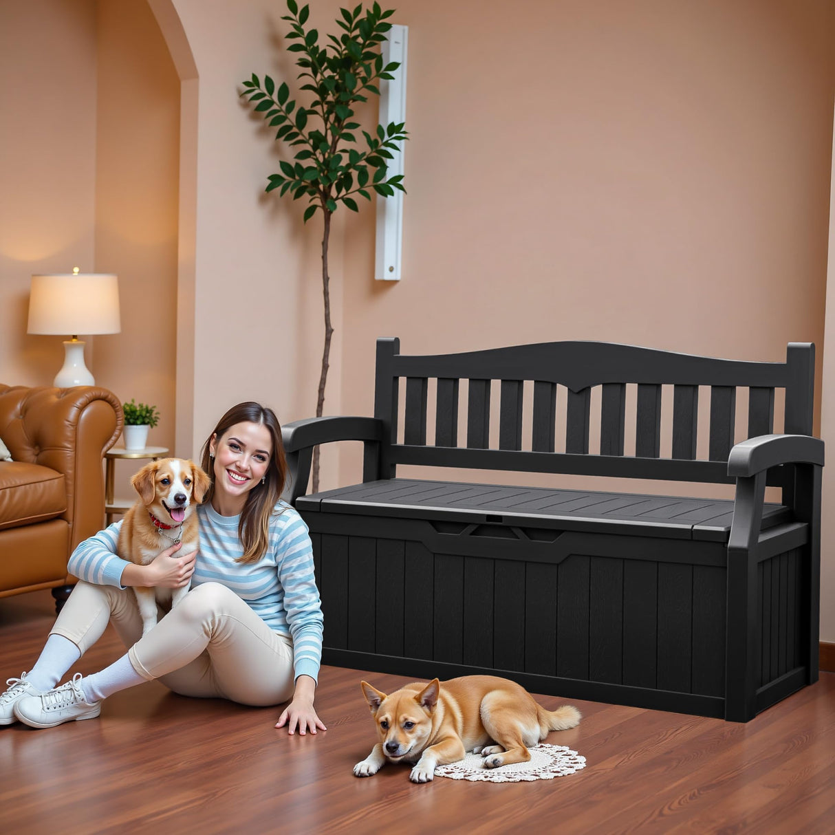 JUMMICO 80 Gallon Resin Outdoor Storage Bench, Large Deck Box with Armrest, Lockable & Waterproof for Garden, Home, Patio, Pools (Black) JUMMICO