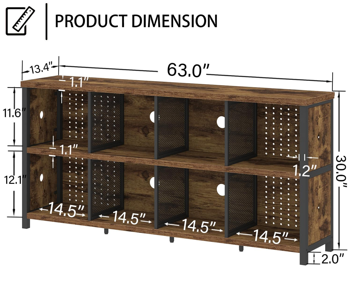 LVB Rustic Horizontal Bookshelf, Industrial Bookcase Cube Storage Organizer, Wide Large Metal Wooden Office Cube Shelf, Farmhouse Low Long Book Shelf for Home Bedroom Living Room, Rustic Brown, 63 in LVB