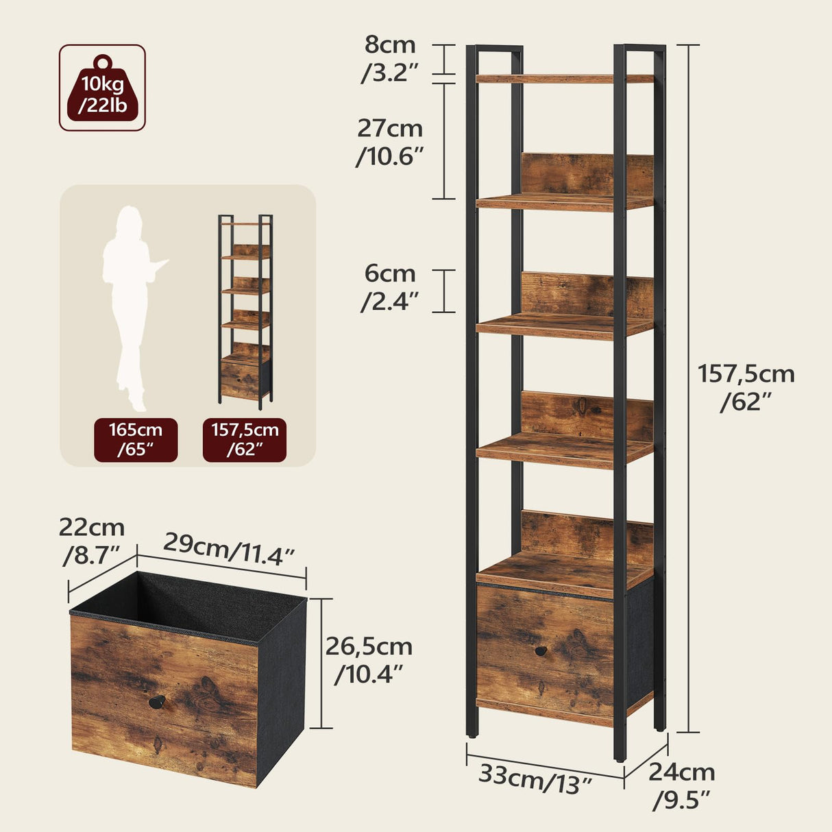 MAHANCRIS Bookshelf, 6-Tier Bookcase with Drawer, Small Book Shelf for Small Space, Storage Shelf Organizer, for Living Room, Bedroom, Study, Kitchen, Rustic Brown and Black BKHR66101 MAHANCRIS