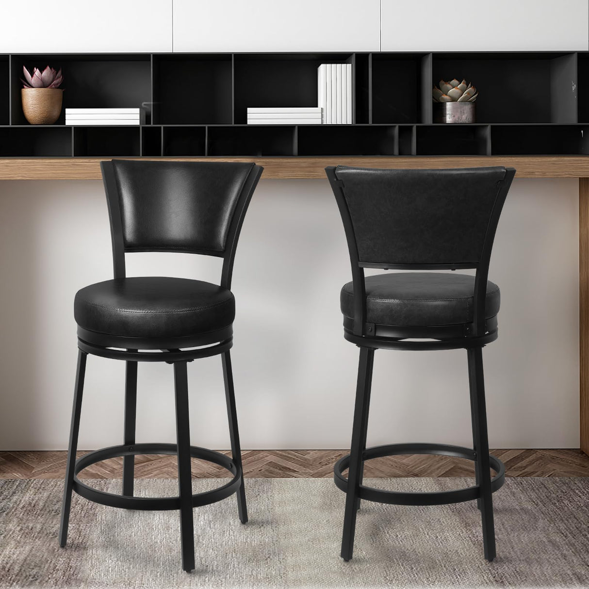 FLYZC Bar Stools, Counter Height Barstools Set of 2, 25" Faux Leather Metal Round Swivel Bar Chairs with Back, Modern Upholstered Counter Stools for Kitchen Island, Black FLYZC