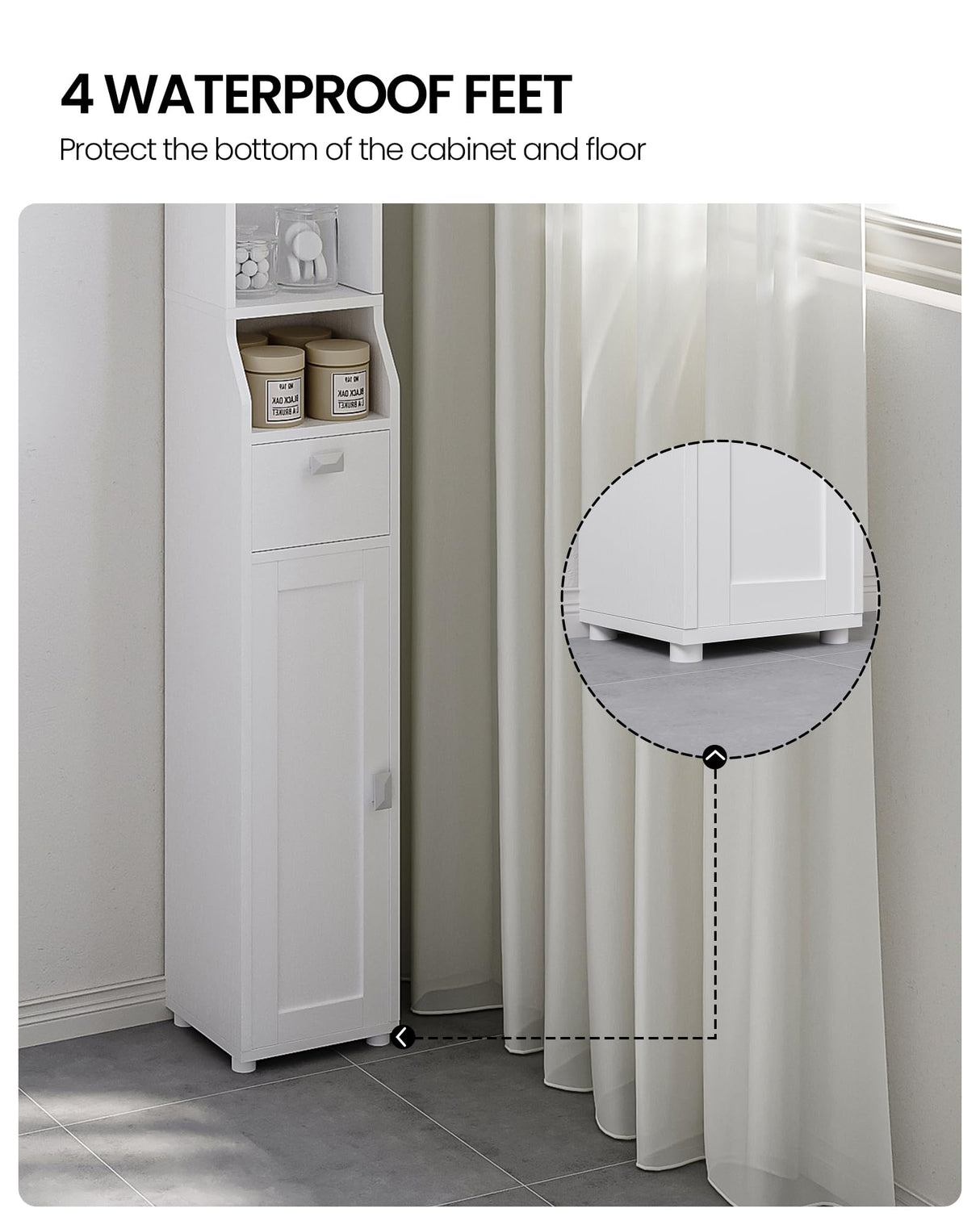 HEXCELEN Narrow White Bathroom Storage Cabinet with Doors, Drawer, and Adjustable Shelf HEXCELEN