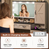 DDONGMM Farmhouse Vanity Desk Makeup Table with Mirror and 10 Lights, 45.3" Large Vanity Desk with Power Outlet, 5 Drawers, 1 Cabinet & 9 Jewelry Hooks, Dressing Table for Women Girls White & Black DDONGMM