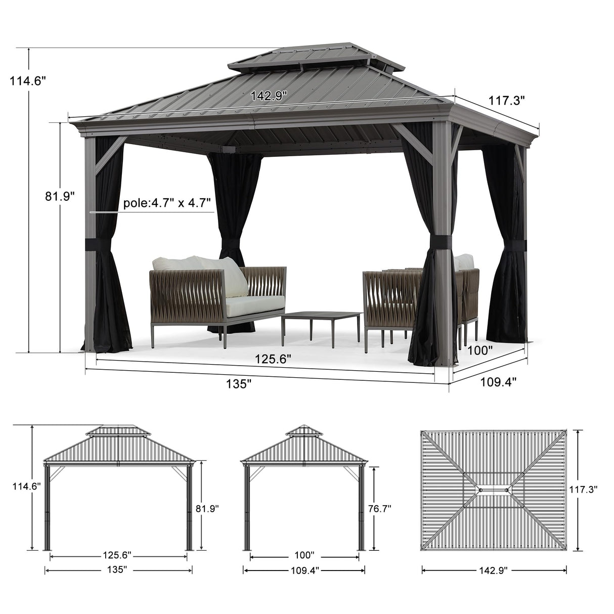 PURPLE LEAF 10' x 12' Hardtop Aluminum Gazebo with Double Metal Roof Heavy Duty Permanent Gazebo for Patio Deck Lawn Garden All Weather Outdoor Pavilion Gazebo, Light Grey PURPLE LEAF