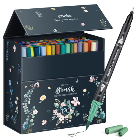 Ohuhu Markers for Adult Coloring Books No bleeding 120 Colors Coloring Markers Water-based Dual Tips Fineliner & Brush Drawing Pens Art Markers for Kids Adults Sketch Journal - Maui - Black Ohuhu