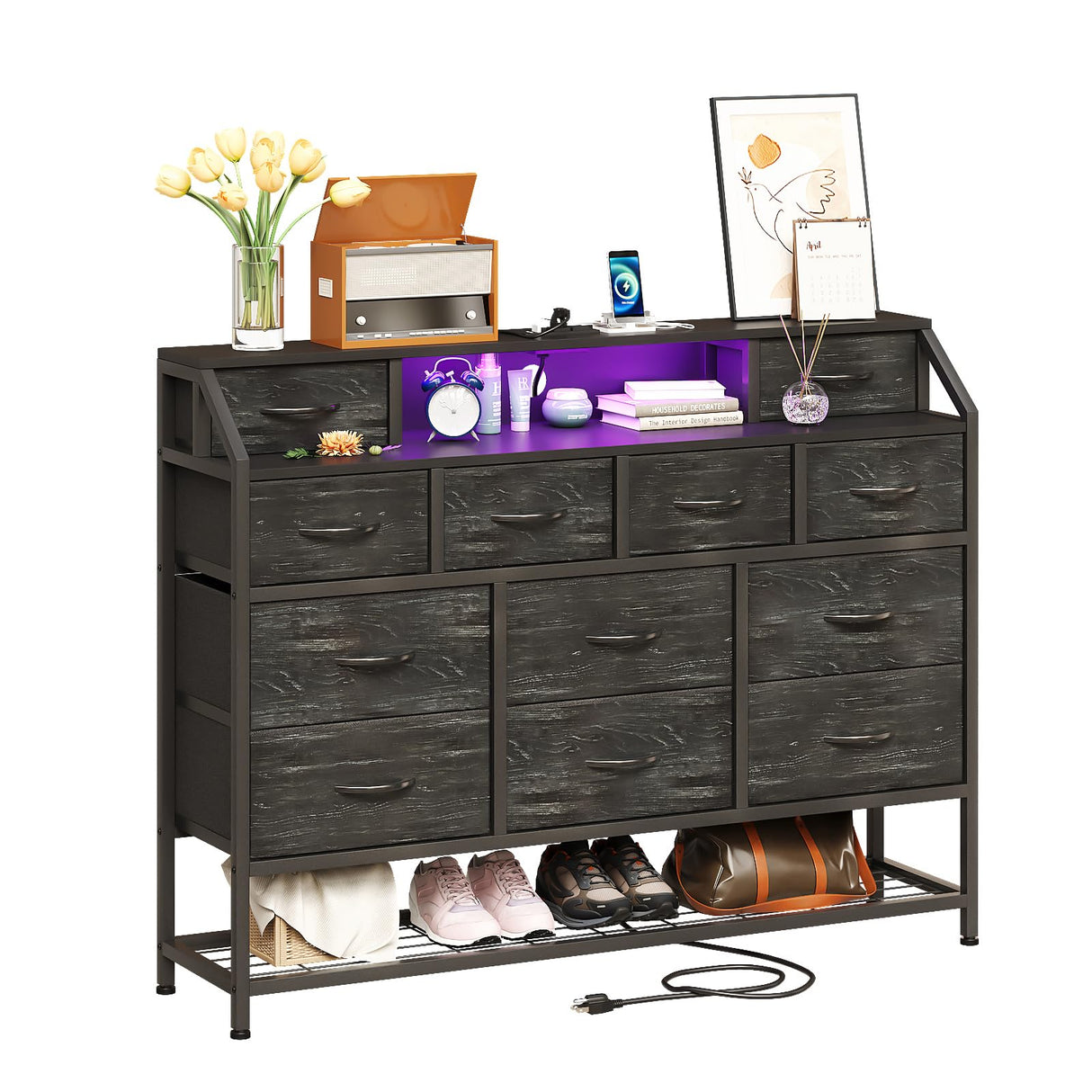 Welfuturer Dresser for Bedroom with 12 Drawers Black Dressers with Charging Station and LED Light 50 inch TV Stand Chest of Drawers with Shoe Rack and Open Shelf for Living Room Entryway Halfway Welfuturer