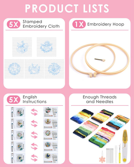 TINDTOP 5 Sets Embroidery Kit for Beginners Adult, Embroidery Kit for Beginners Include Embroidery Cloth Hoops Threads for Craft Lover Hand Stitch with Embroidery Skill Techniques TINDTOP