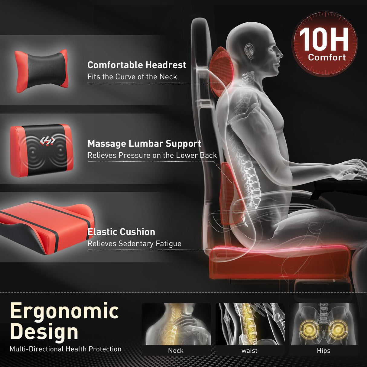 HLDIRECT Gaming Chair with Pocket Spring Cushion, Video Game Chair, Gaming Computer Chair, Ergonomic Chairs with Massage Lumbar Support for Adults, Swivel PU Leather Office Chair, Black & Red HLDIRECT