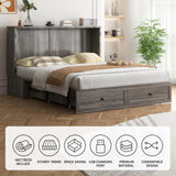 BALUS Murphy Queen Bed with Tri-Fold Mattress, Cabinet Beds with USB Ports & Large Storage Drawer, Wooden Cabinet Beds, Queen Hidden Bed for Living Room/Bedroom -Grey BALUS
