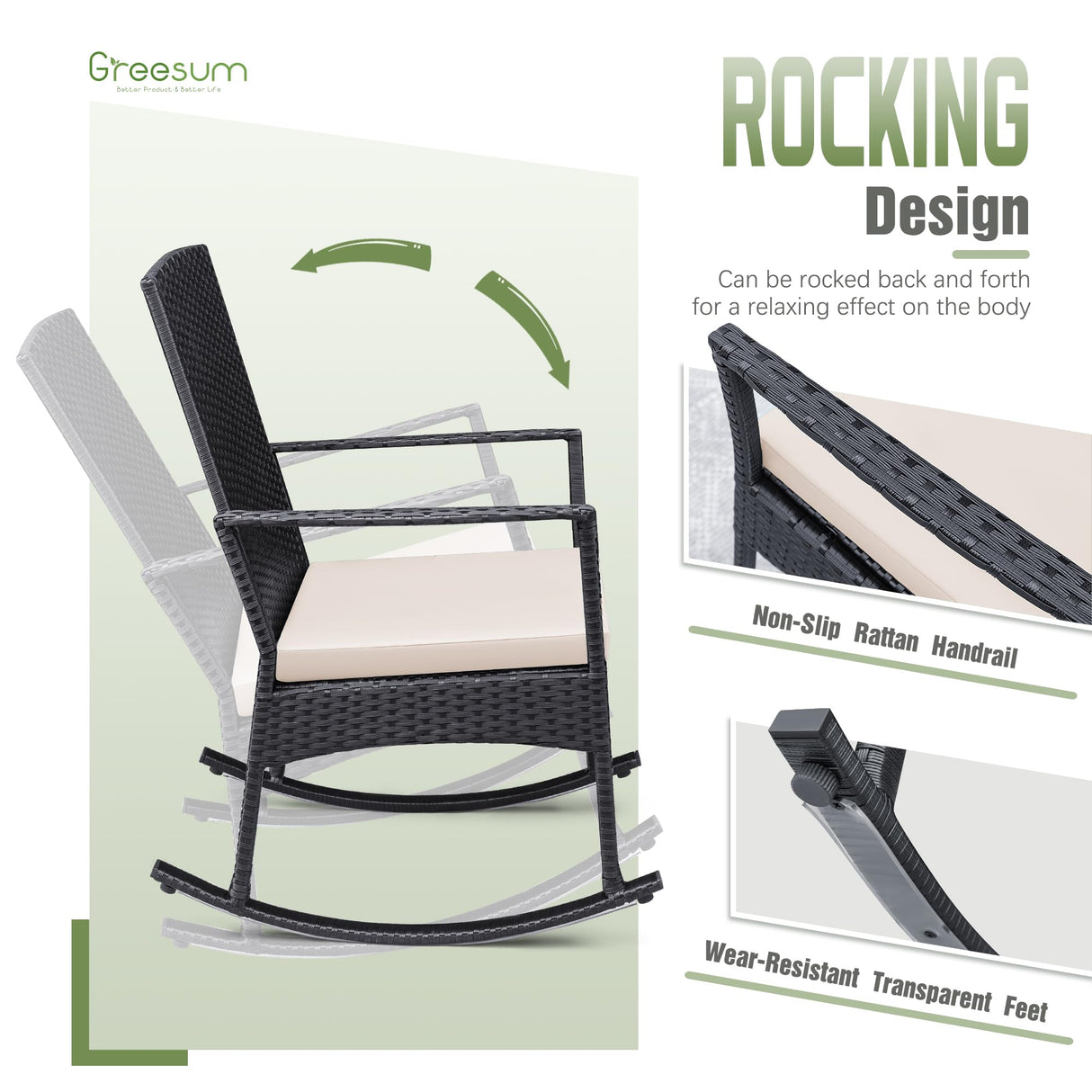 Greesum 3 Pieces Patio Furniture Set Outdoor Wicker Rocking Chairs with Glass Coffee Table for Garden Backyard Porch Poolside, Beige Greesum