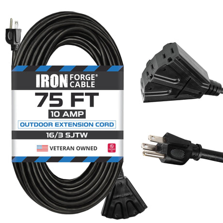 Iron Forge Cable 3 OutletOutdoor Extension Cord 75 ft, 16/3 SJTW Black Extension Cord with Multiple Outlets 3 Prong, 13 Amp Exterior Power Cable for Outdoor Lights, Lawn & Landscaping IRON FORGE CABLE