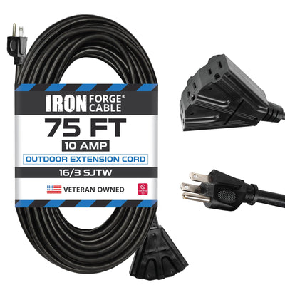 Iron Forge Cable 3 OutletOutdoor Extension Cord 75 ft, 16/3 SJTW Black Extension Cord with Multiple Outlets 3 Prong, 13 Amp Exterior Power Cable for Outdoor Lights, Lawn & Landscaping