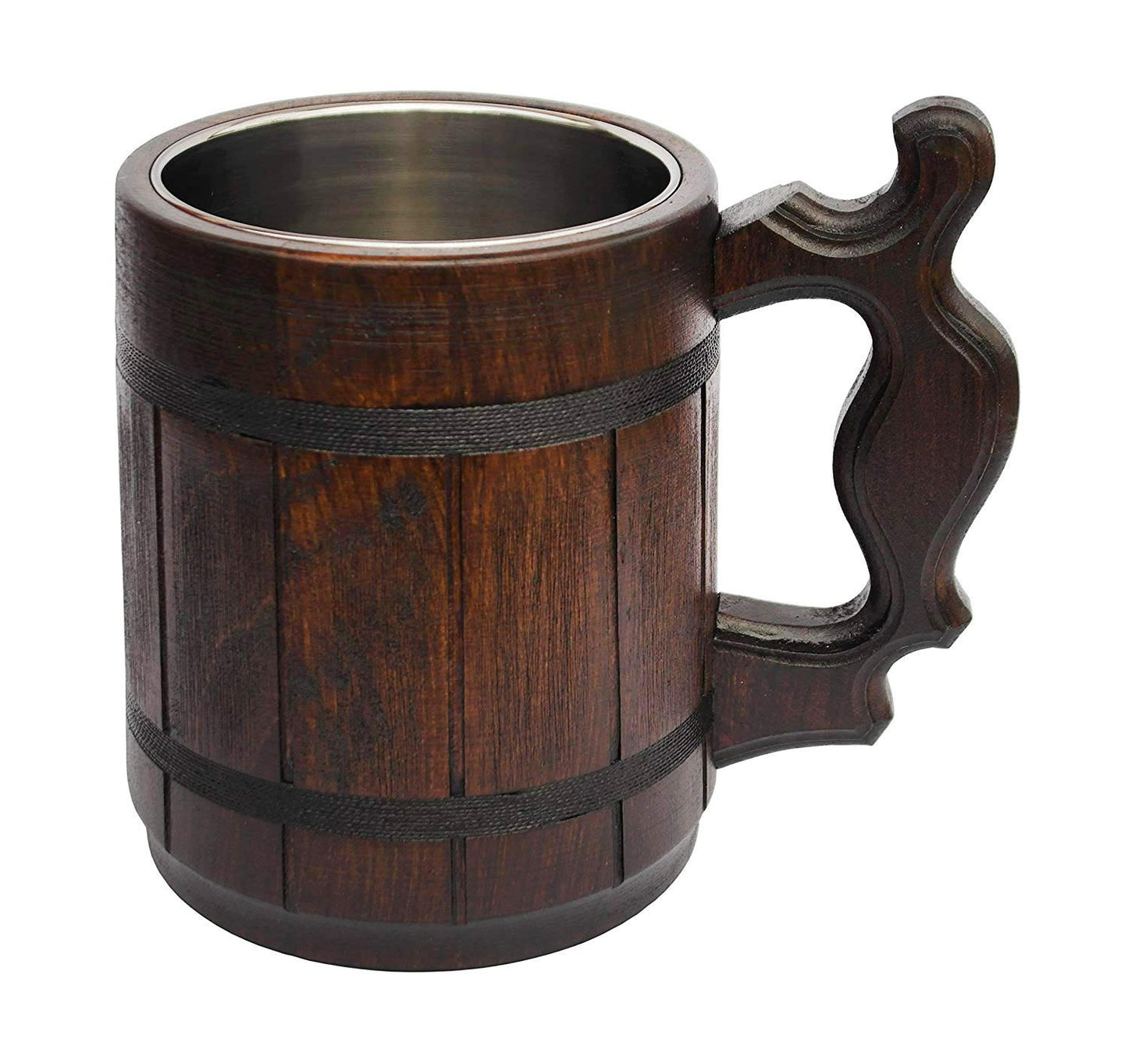 Etno Motif Handmade Wood Mug 20 oz Stainless Steel Cup Carved Natural Beer Stein Old-Fashioned Brown - Wood Carving Beer Mug of Wood Wooden Beer Tankard Capacity: 20oz (600ml) - Great Gift Id - WoodArtSupply