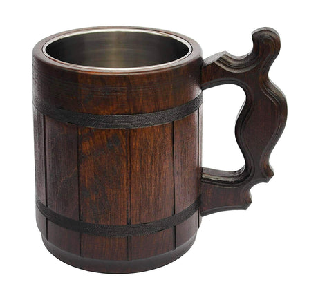 Etno Motif Handmade Wood Mug 20 oz Stainless Steel Cup Carved Natural Beer Stein Old-Fashioned Brown - Wood Carving Beer Mug of Wood Wooden Beer Tankard Capacity: 20oz (600ml) - Great Gift Idea Etno Motif