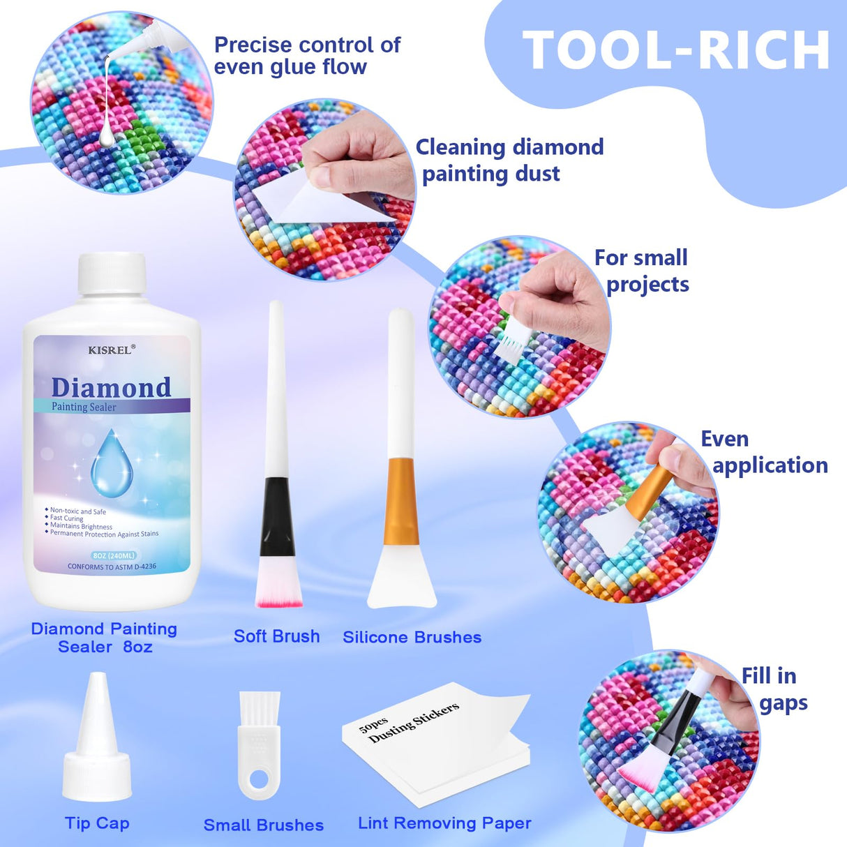 KISREL 240ml Diamond Painting Sealer, 8oz Quick-Dry Diamond Art Sealer with Applicator, Non-Toxic 5D Diamond Art Glue Permanent Adhesive, Puzzle Glue for Glossy Finish KISREL