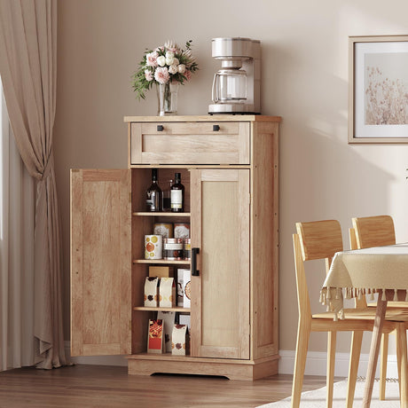 HOOBRO Pantry Cabinet, Kitchen Pantry Cabinet with Rattan-Like Decoration,Storage Cabinet with Drawer and Adjustable Shelf, Farmhouse Style Kitchen Pantry for Kitchen, Dining Room, Natural NL12PC01 HOOBRO