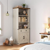 YITAHOME Farmhouse Bookcase with Doors and Drawers, 70" Tall Bookshelf with Storage Shelves, Standing Display Shelf Organizer Rack for Home Office, Living Room, White+Walnut YITAHOME