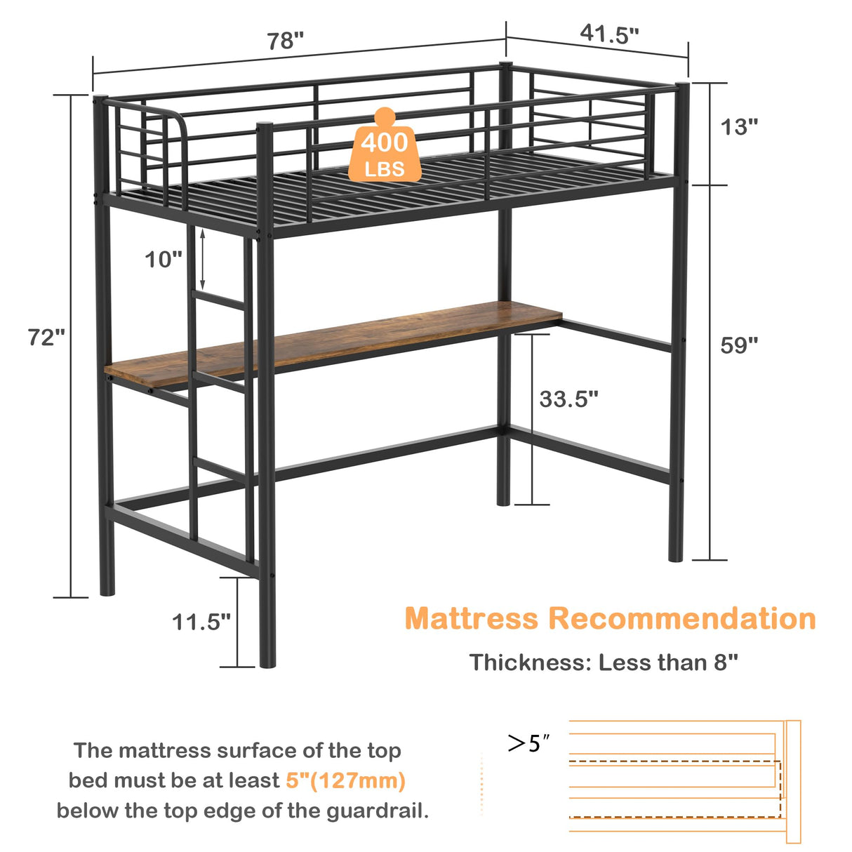 VECELO Loft Bed Twin Size with Desk, Metal Bedframe with Removable Ladder and Safety Guardrail, No Box Spring Needed, Space Saving, Noise Free, Dark Black VECELO