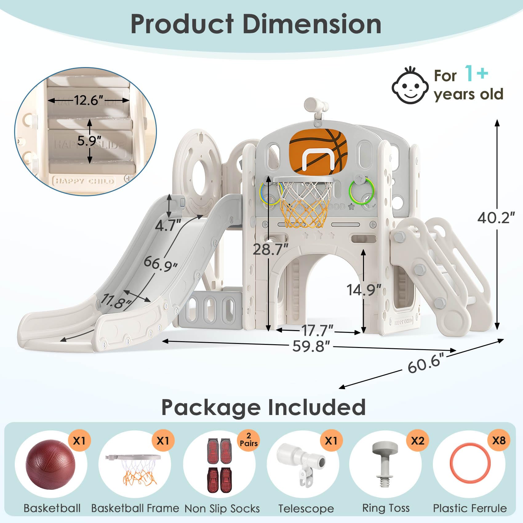 BIERUM 9 in 1 Toddler Playset with Slide, Ring Toss, Basketball Hoop and Telescope - Indoor Outdoor Toddler Playground - WoodArtSupply