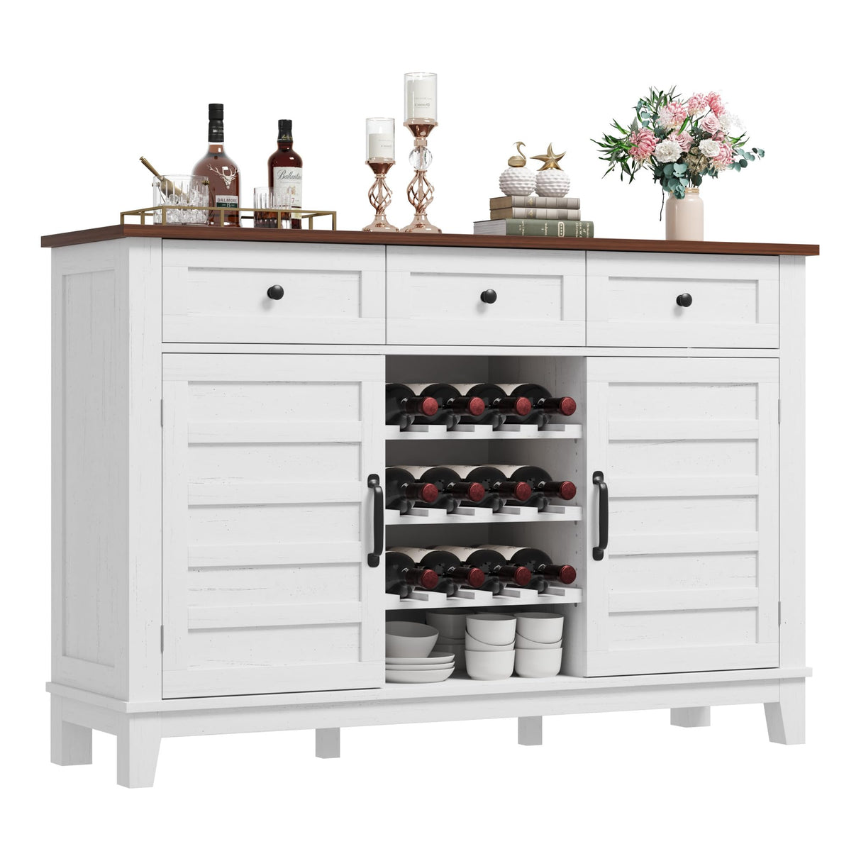 IDEALHOUSE 53.5'' Farmhouse Buffet Cabinet with Storage, 36'' Tall Wood Rustic Sideboard with 3 Drawer, Reversible Wine Rack and Adjustable Shelf, Coffee Bar for Dining Room, Kitchen, White IDEALHOUSE