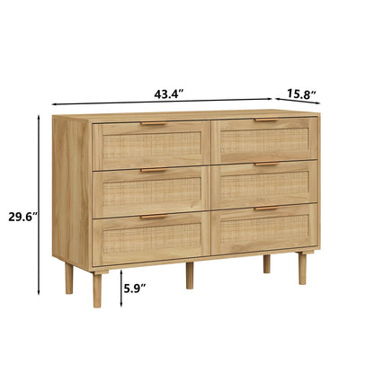 Furniouse 6 Drawer Rattan Dresser for Bedroom, Wooden Dresser Chest of Drawers, Storage Organizer for Closet, Beside Table for Living Room, Entryway - WoodArtSupply