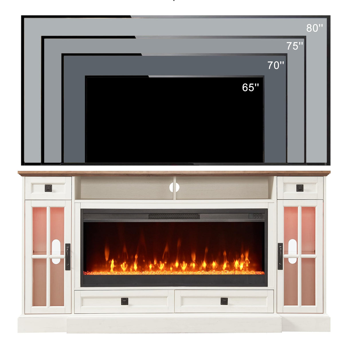 OKD Fireplace TV Stand for 80 Inch TV, Farmhouse Entertainment Center with 42" Fireplace & LED Lights, Modern Media Console Table with Storage Drawers & Cabinets for Living Room, Antique White OKD