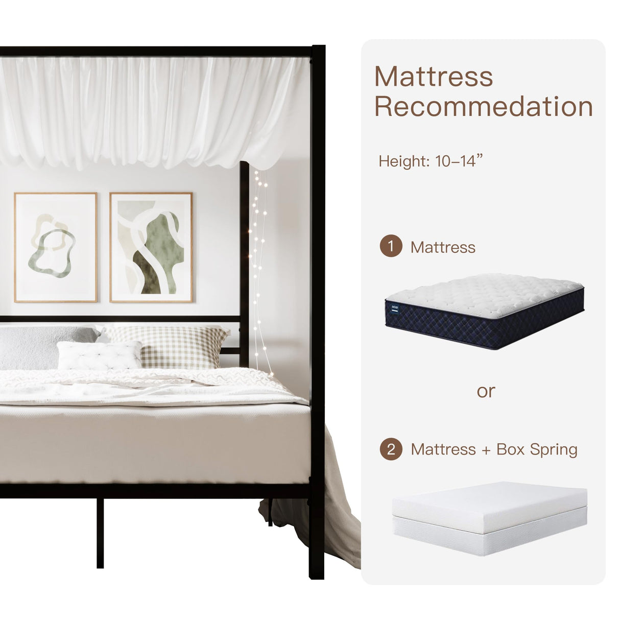 ikalido Queen Size Metal Canopy Bed Frame, Modern Four-Poster Platform Bed Frame, Mattress Foundation, Under-Bed Storage Space, No Box Spring Needed, Black ikalido