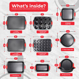 PERLLI Non-Stick 10-Piece Baking Pan Set, BPA-Free Carbon Steel Bakeware Set with Silicone Handles, Stackable Kitchen Oven Set, Cookie Sheet, Baking Tray, Baking Sheet Set, Oven Safe (446°F) PERLLI