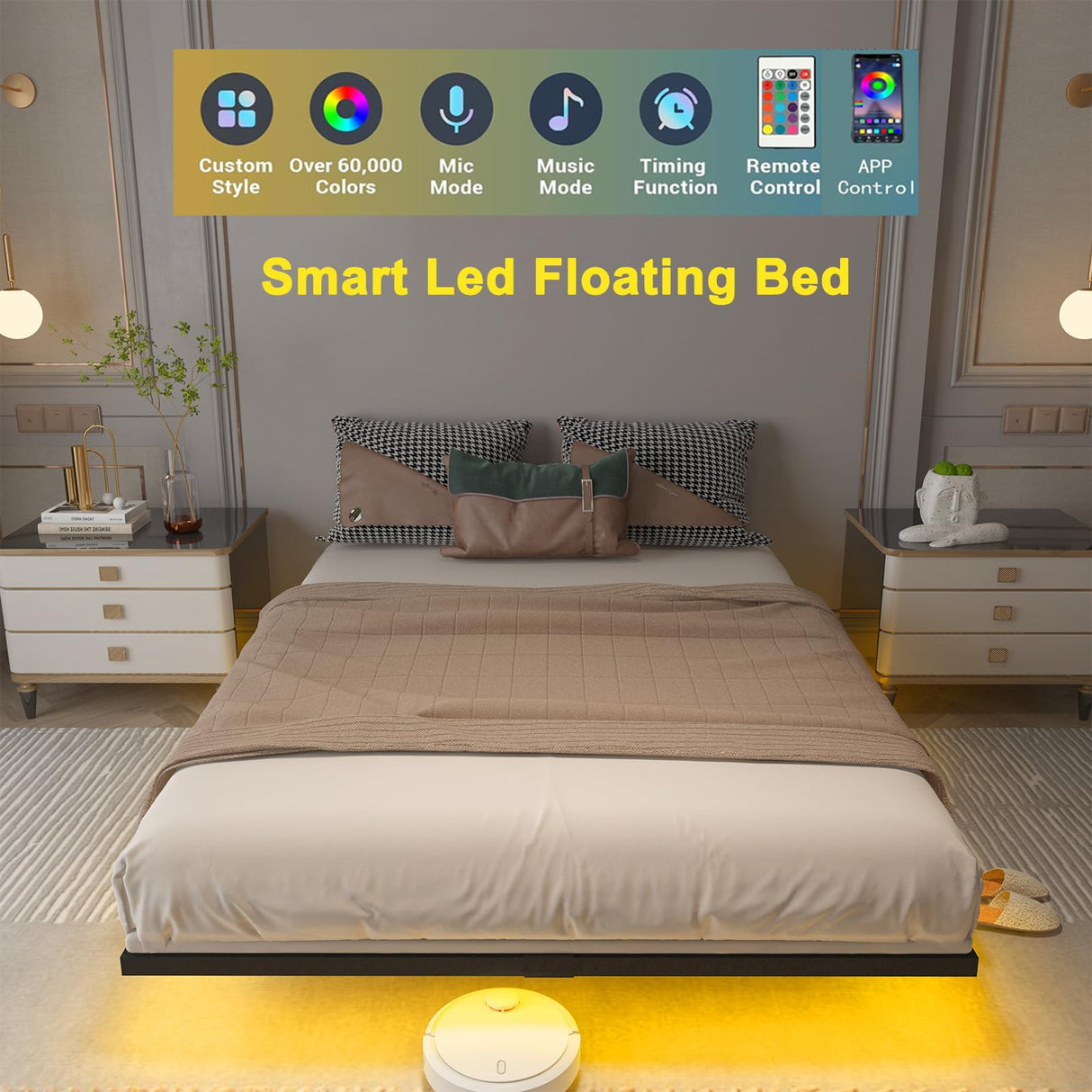 SAVOLIFE King Size Floating Bed Frame with LED Lighting - Modern Metal Platform, No Box Spring Required, Easy Assembly SAVOLIFE