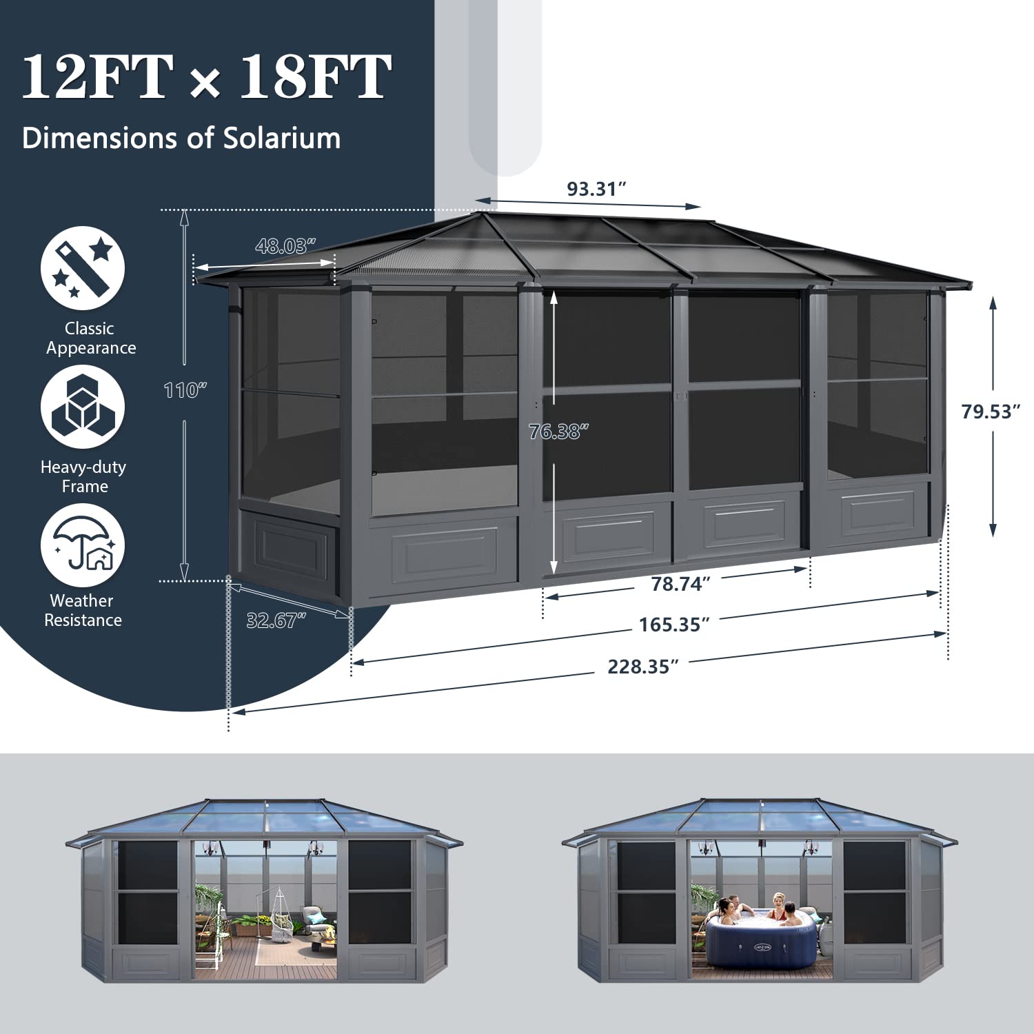 EROMMY 12' x 18' Sunroom, Solarium Gazebo with Aluminum Frame and Polycarbonate Roof, Outdoor Permanent Sun Room with Moveable PVC Screen and Sliding Door for Garden, Patio, Deck, Lawns - WoodArtSupply