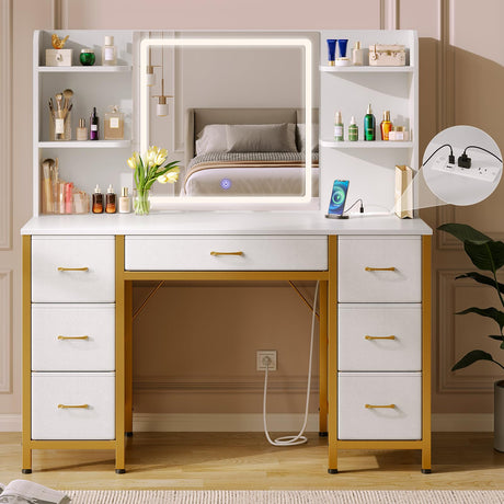 Rolanstar Vanity Desk with Lighted Mirror & Power Outlet, Makeup Vanity with 7 Fabric Drawers, 6 Storage Shelves & 3 Lighting Modes, Dressing Table for Bedroom, Girls, Women, White and Gold Rolanstar